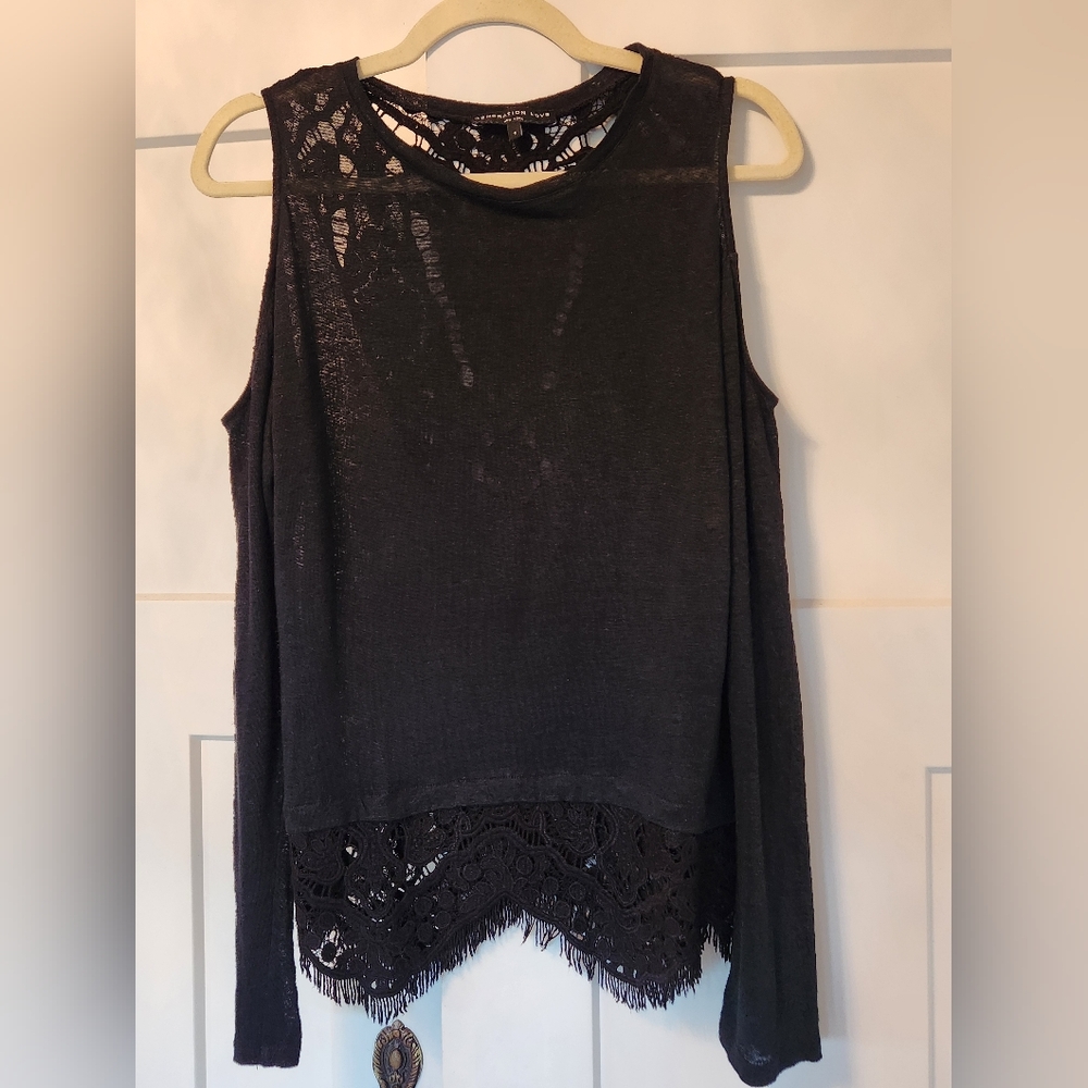 Generation Love Black Linen Lace Long Sleeve Top sz S Blouse Sweater Shirt